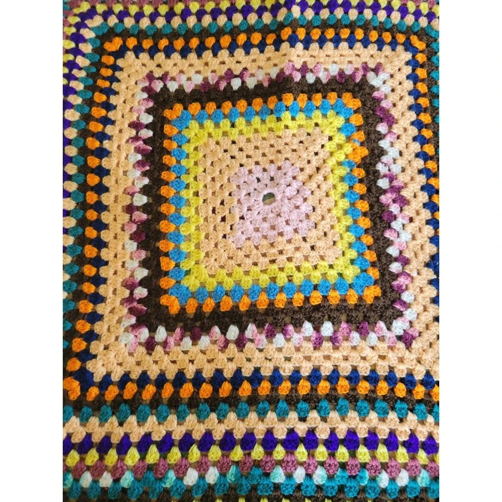 Retro Crochet Granny Square‎ Lap Blanket Multicolor Handmade Afghan 40x40